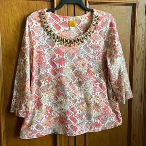 Ruby Red Fall print top with bronze beaded trim around neck